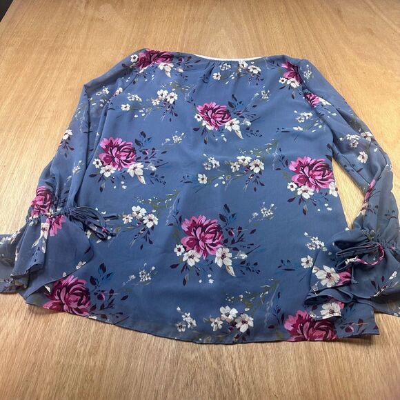 White House Black Market Floral Blouse Blue Lace V-Neck Long Sleeve Size 10 - Picture 4 of 7